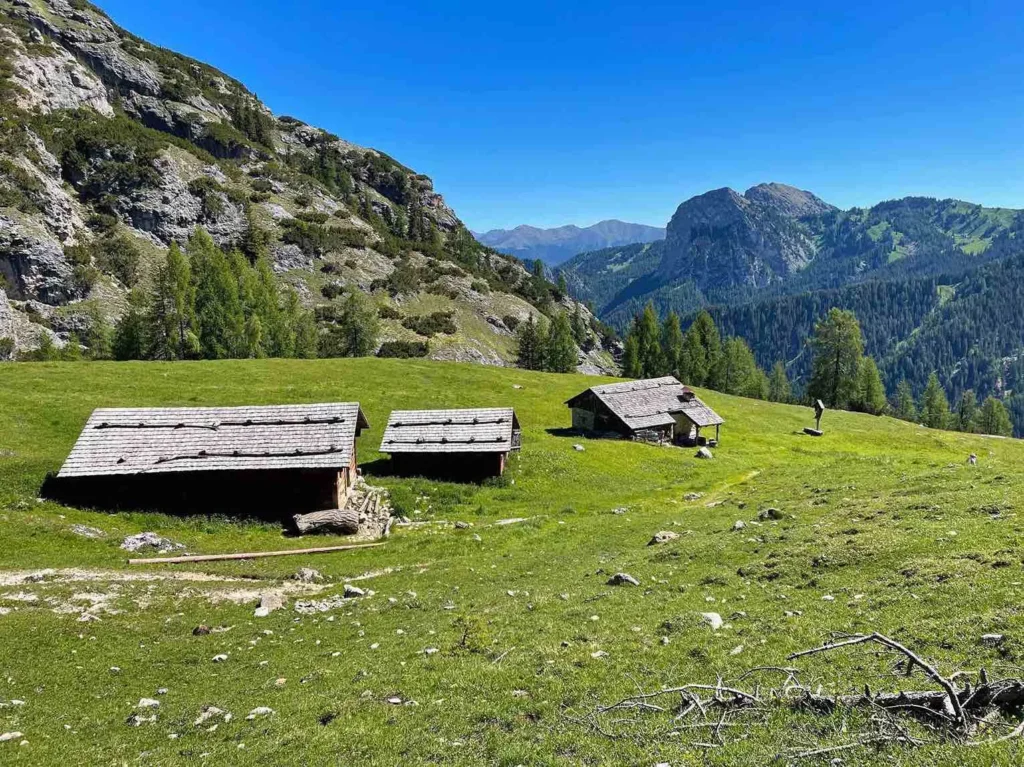 Kleine Hütten auf einer Südtiroler Almwiese